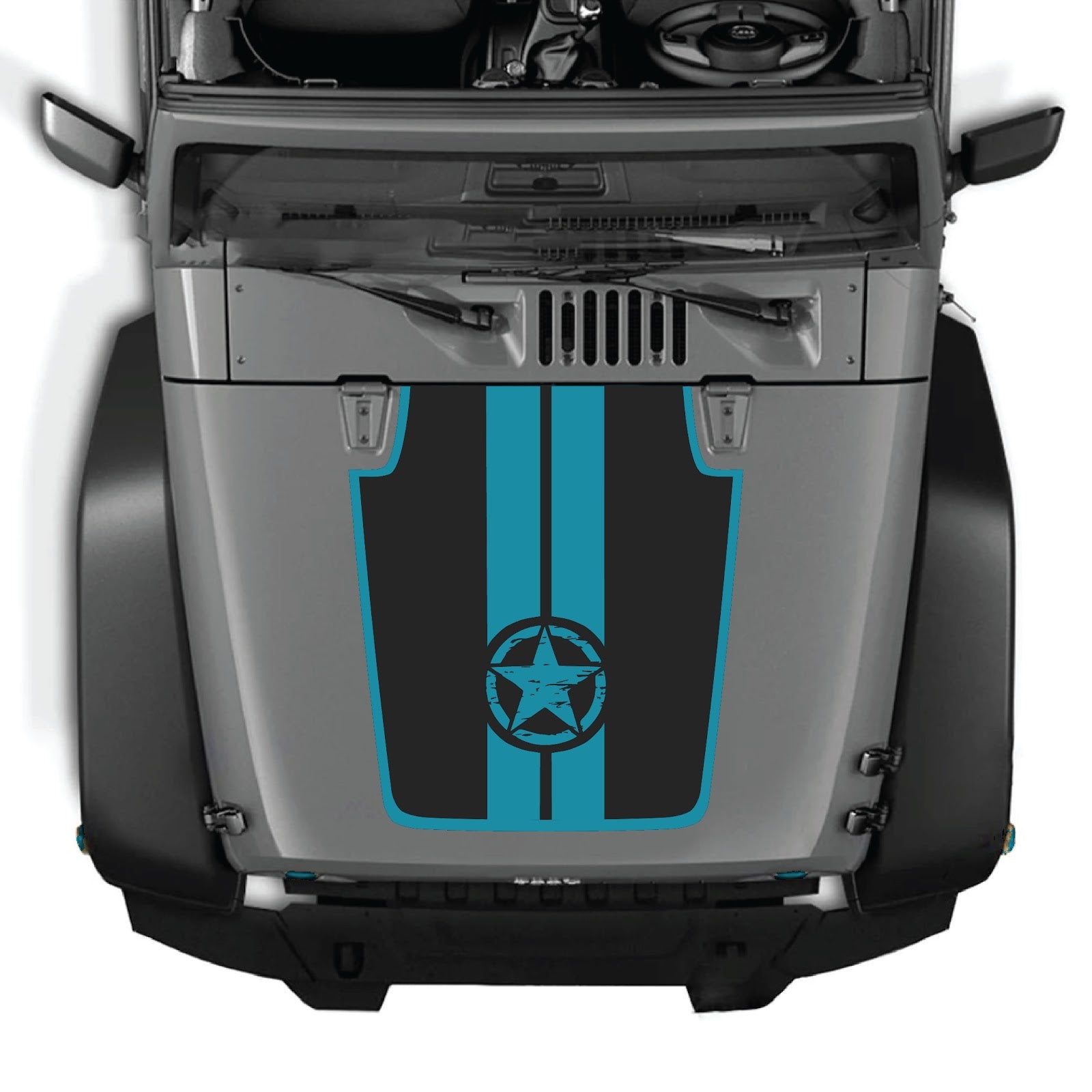 Jeep Wrangler JK/JKU hood decal by CarCode, style #42, black graphic design on hood of dark-colored Jeep Wrangler.