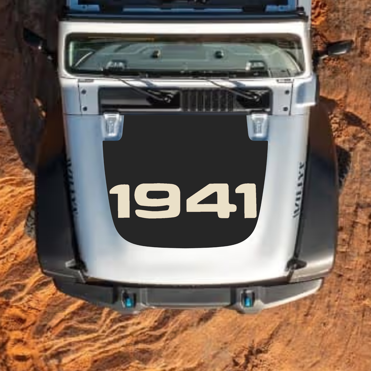 CarCode Jeep Wrangler JL/JLU and Gladiator JT hood decal in style #04, black graphic design on standard hood for 2018+ models