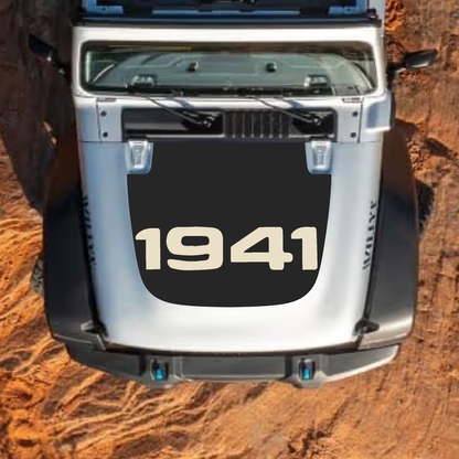 CarCode Jeep Wrangler JL/JLU and Gladiator JT hood decal in style #04, black graphic design on standard hood for 2018+ models
