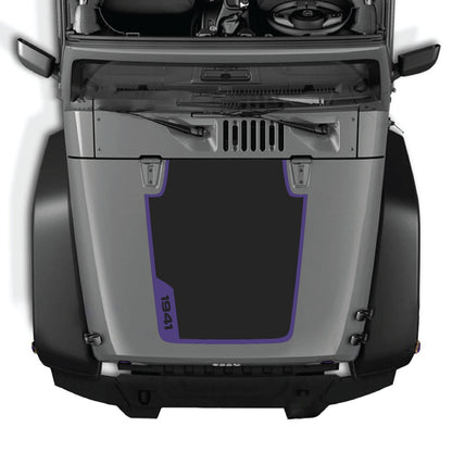 CarCode hood decal for Jeep Wrangler JK/JKU 2007-2018, style #38, shown applied on vehicle's hood in the image.