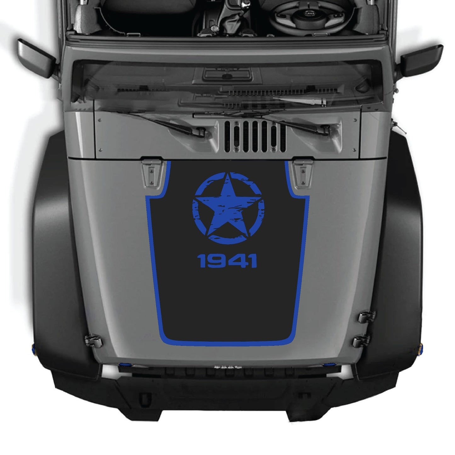 CarCode Jeep Wrangler JK/JKU hood decal in Style #47, black graphic design for 2007-2018 models, shown on vehicle hood.