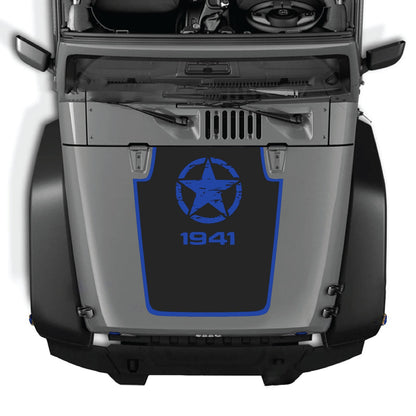 CarCode Jeep Wrangler JK/JKU hood decal in Style #47, black graphic design for 2007-2018 models, shown on vehicle hood.