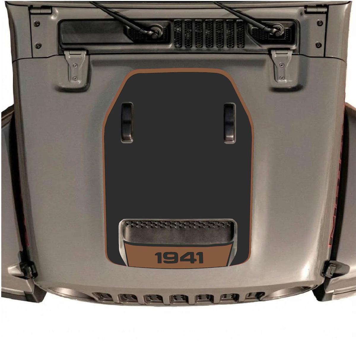 Jeep Wrangler JL/JLU Rubicon 392 and Gladiator Mojave hood decal in style #63, black and gray graphic design on vehicle hood.