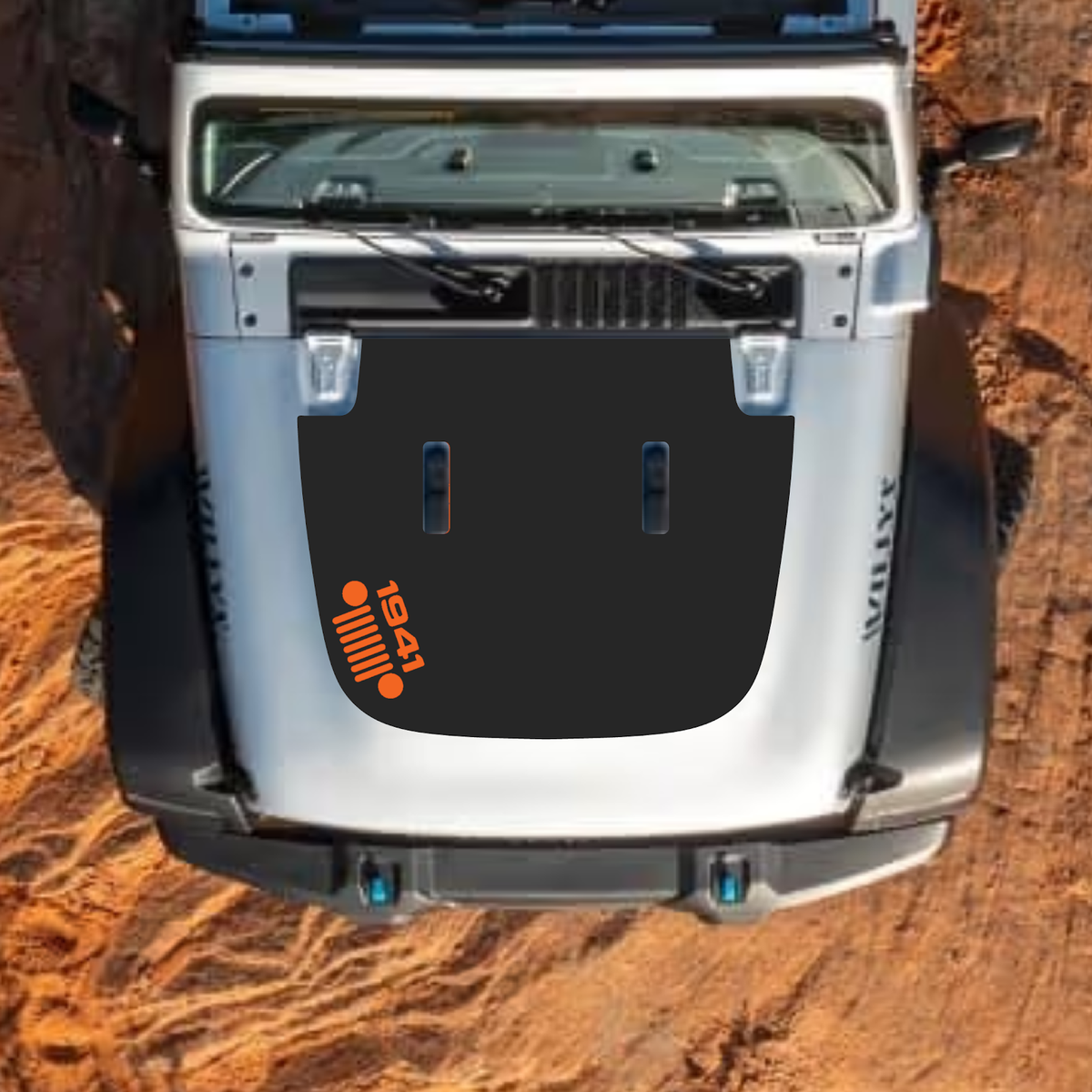 CarCode hood decal for Jeep Wrangler JL, JLU, Gladiator JT, 2018+ style, black graphic decal on standard hood.