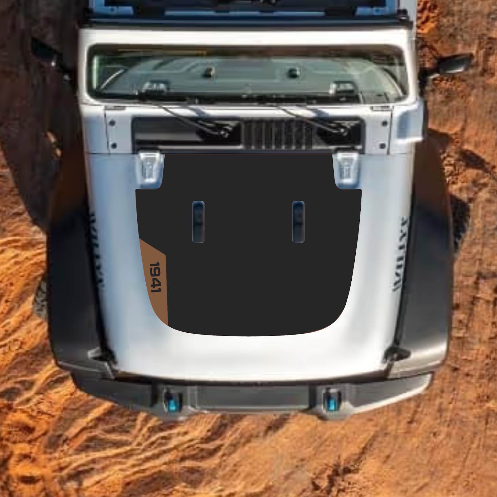 CarCode hood decal for Jeep Wrangler JL, JLU, Gladiator JT, standard hood, style #43, black and white graphic design.