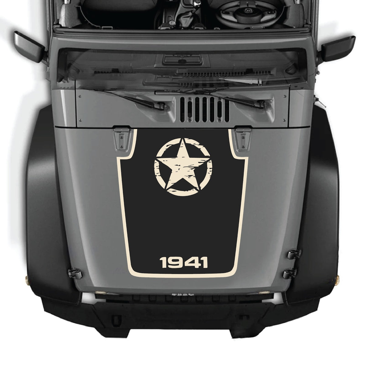 Jeep Wrangler JK/JKU hood decal by CarCode, style #65, black and white graphic design on the vehicle's hood.