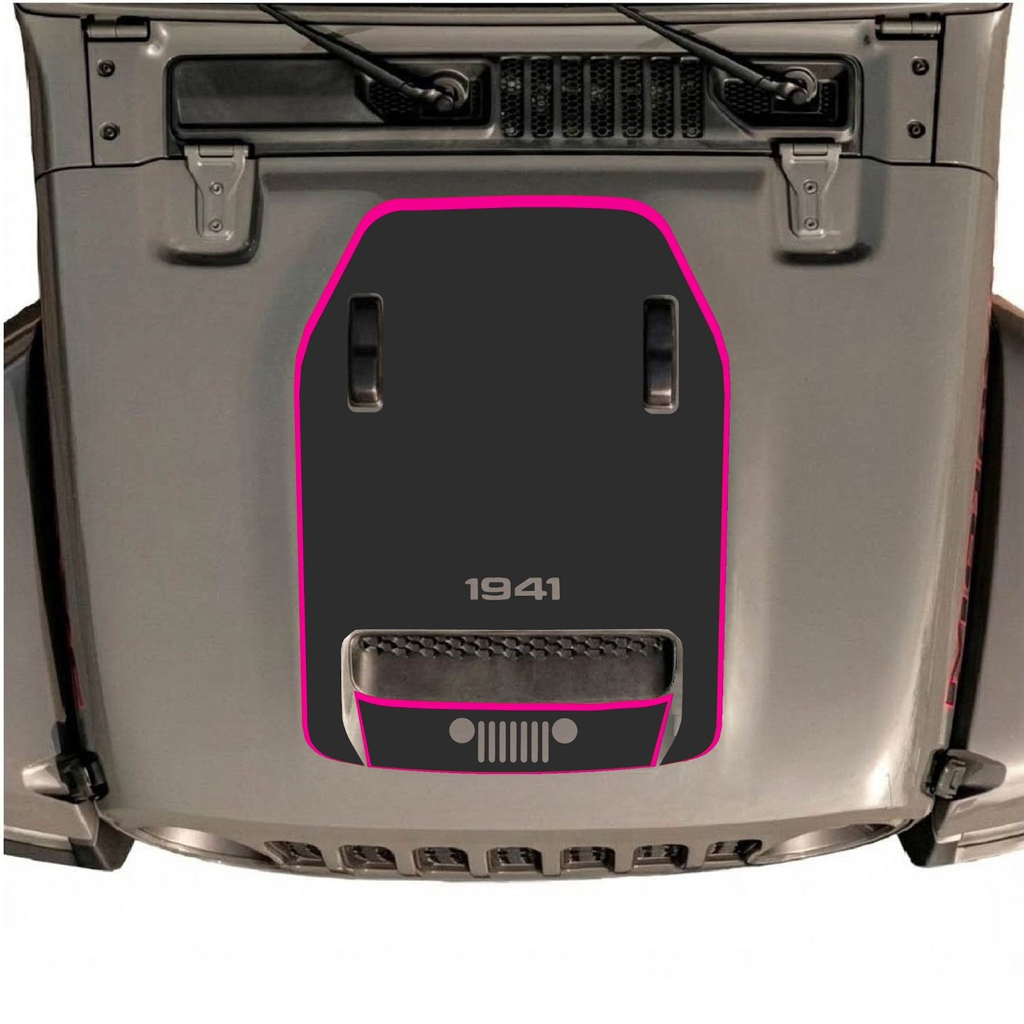 CarCode Jeep Wrangler JL/JLU Rubicon 392 and JT Gladiator Mojave hood decal in style #98, featuring bold graphic design.
