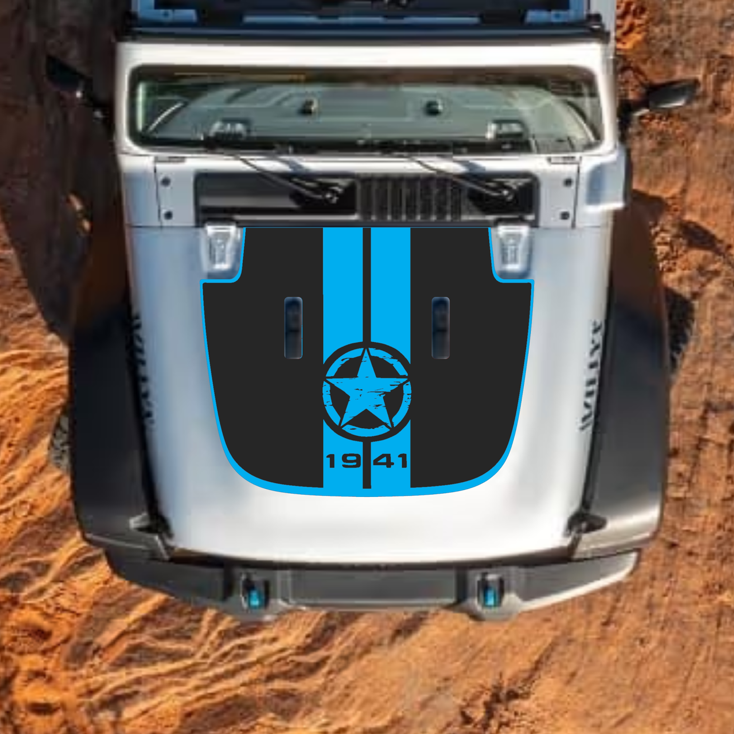 CarCode hood decal for Jeep Wrangler JL, JLU, Gladiator JT, 2018+ style #67, black and gray design on vehicle hood