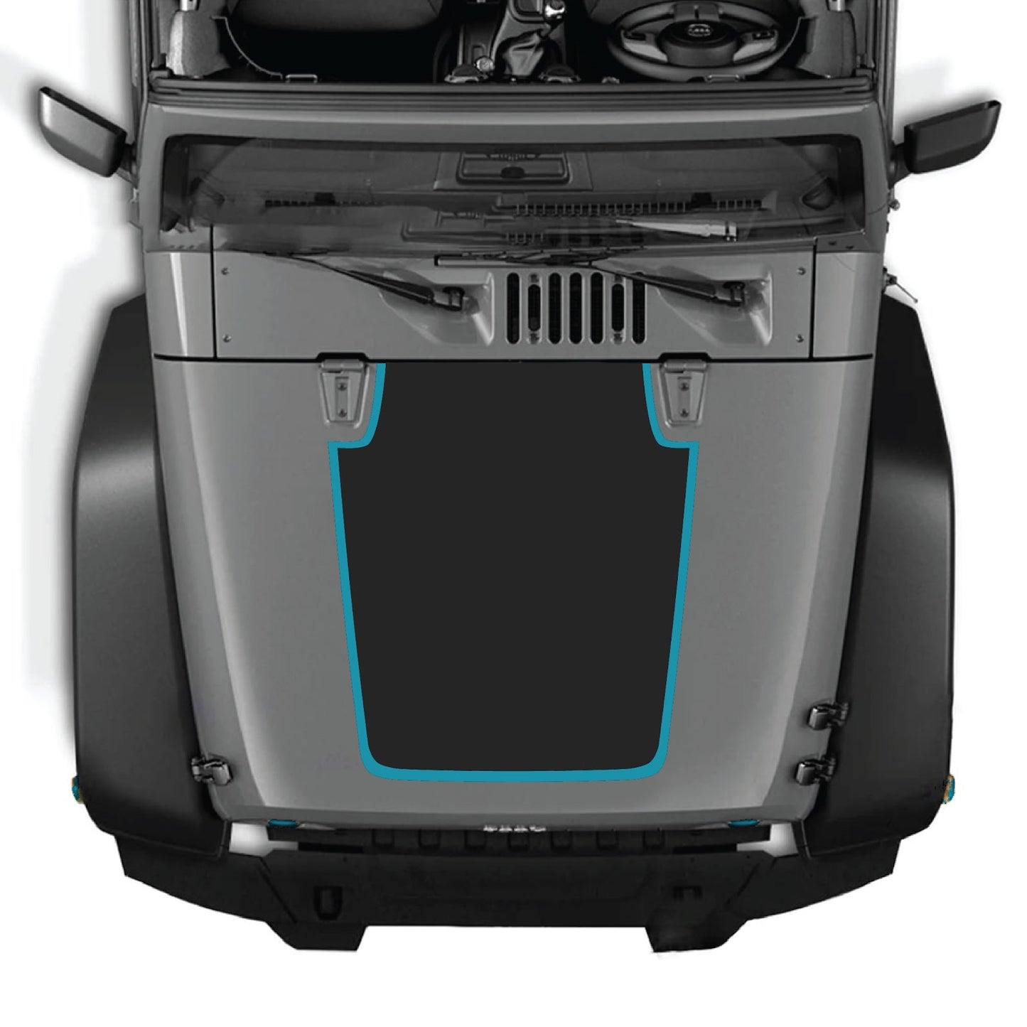CarCode Jeep Wrangler JK/JKU hood decal in style #61, black vinyl sticker designed for 2007-2018 models, shown on vehicle hood.