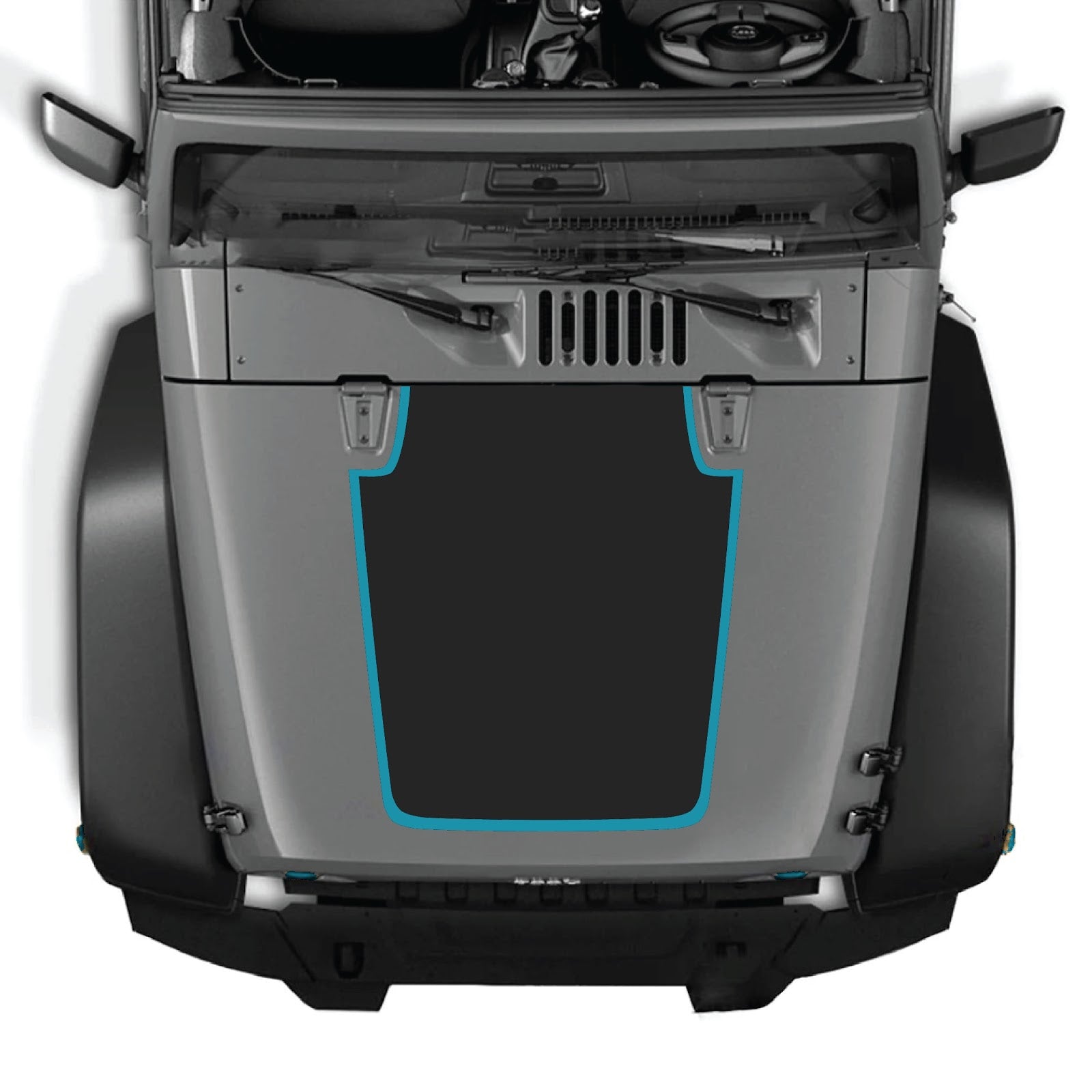 CarCode Jeep Wrangler JK/JKU hood decal in style #61, black vinyl sticker designed for 2007-2018 models, shown on vehicle hood.