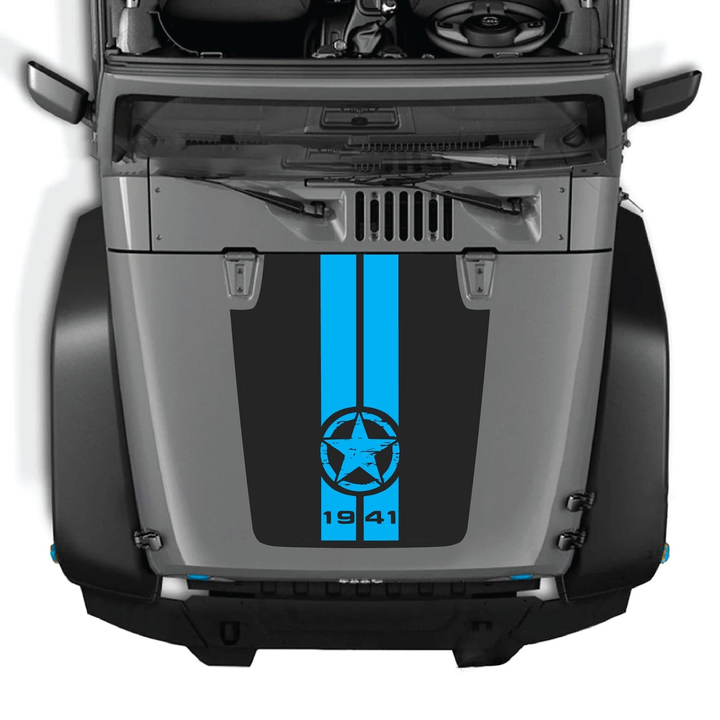CarCode hood decal for Jeep Wrangler JK/JKU 2007-2018, style #62, shown on the vehicle's hood with bold graphic design.
