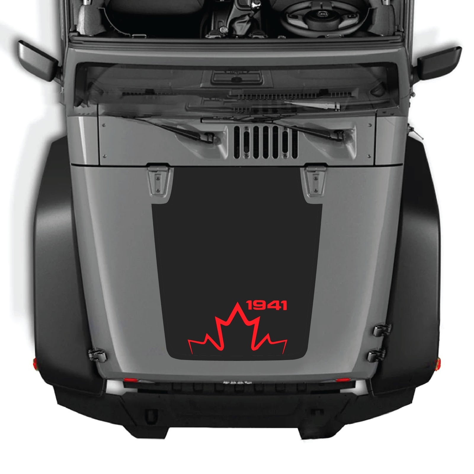CarCode hood decal for Jeep Wrangler JK/JKU 2007-2018, Style #12, black graphic vinyl decal on hood surface.