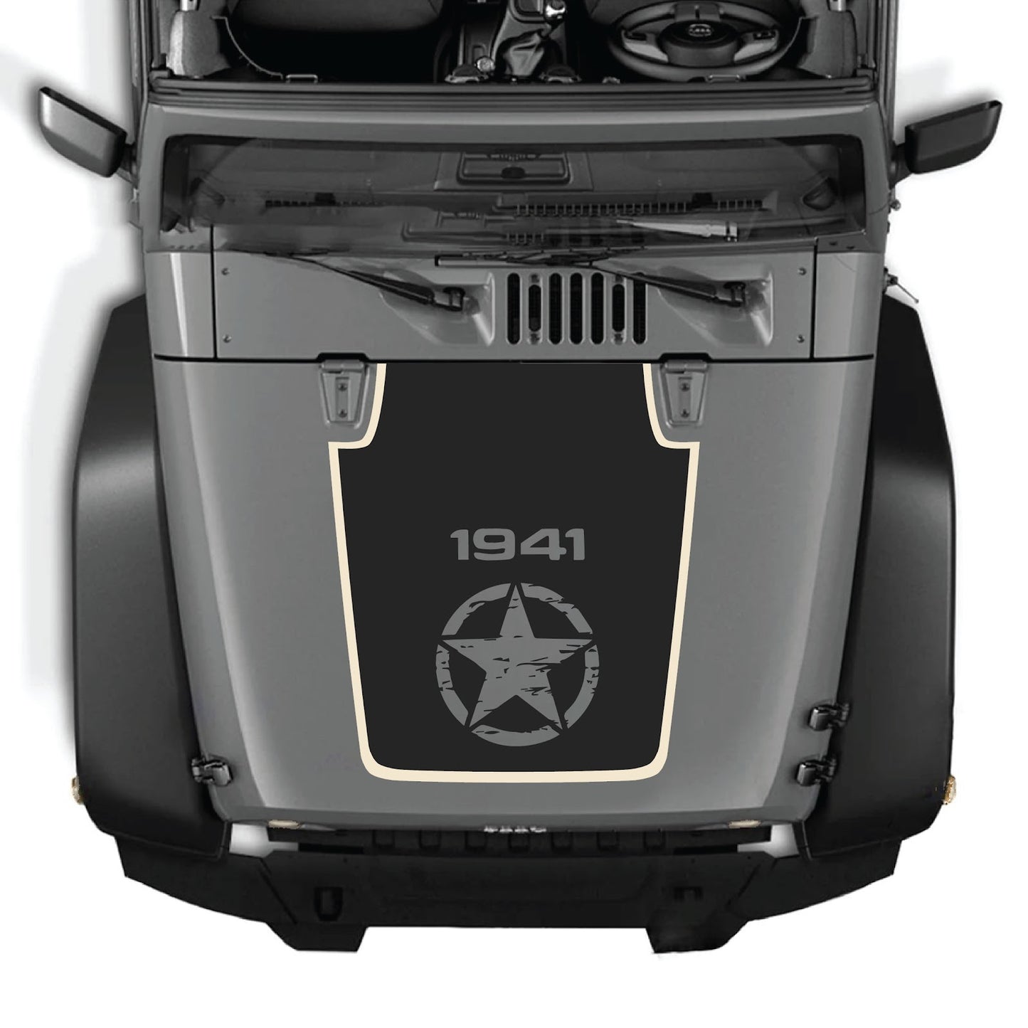 CarCode hood decal for Jeep Wrangler JK/JKU 2007-2018, style #76, featuring bold black and gray graphic design on the vehicle's hood