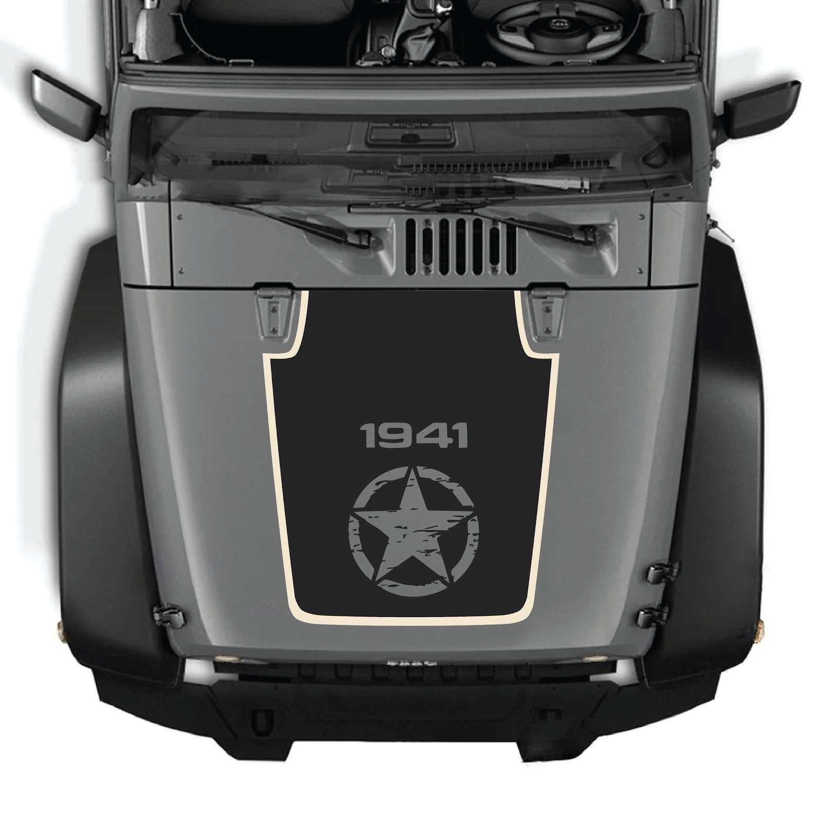CarCode hood decal for Jeep Wrangler JK/JKU 2007-2018, style #76, featuring bold black and gray graphic design on the vehicle's hood