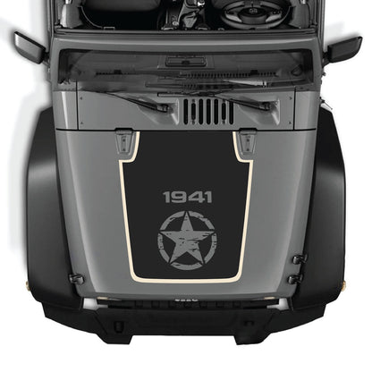CarCode hood decal for Jeep Wrangler JK/JKU 2007-2018, style #76, featuring bold black and gray graphic design on the vehicle's hood