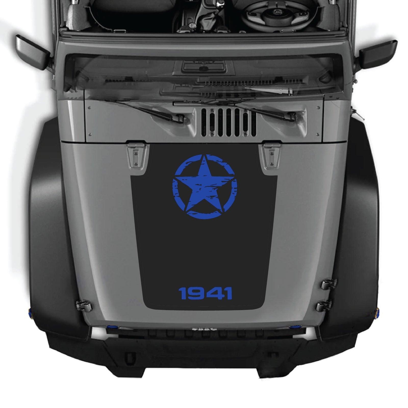 CarCode Jeep Wrangler JK/JKU hood decal style #64, black graphic sticker mounted on vehicle hood for 2007-2018 models