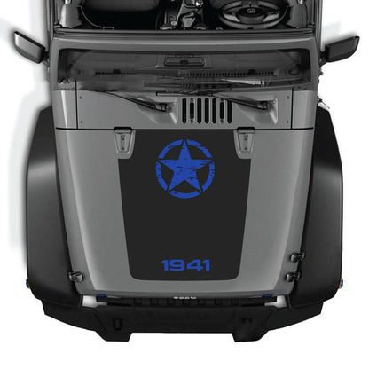 CarCode Jeep Wrangler JK/JKU hood decal style #64, black graphic sticker mounted on vehicle hood for 2007-2018 models