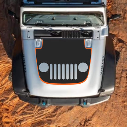 CarCode hood decal for Jeep Wrangler JL, JLU, Gladiator JT, standard hood, style #69, black graphic sticker on vehicle hood