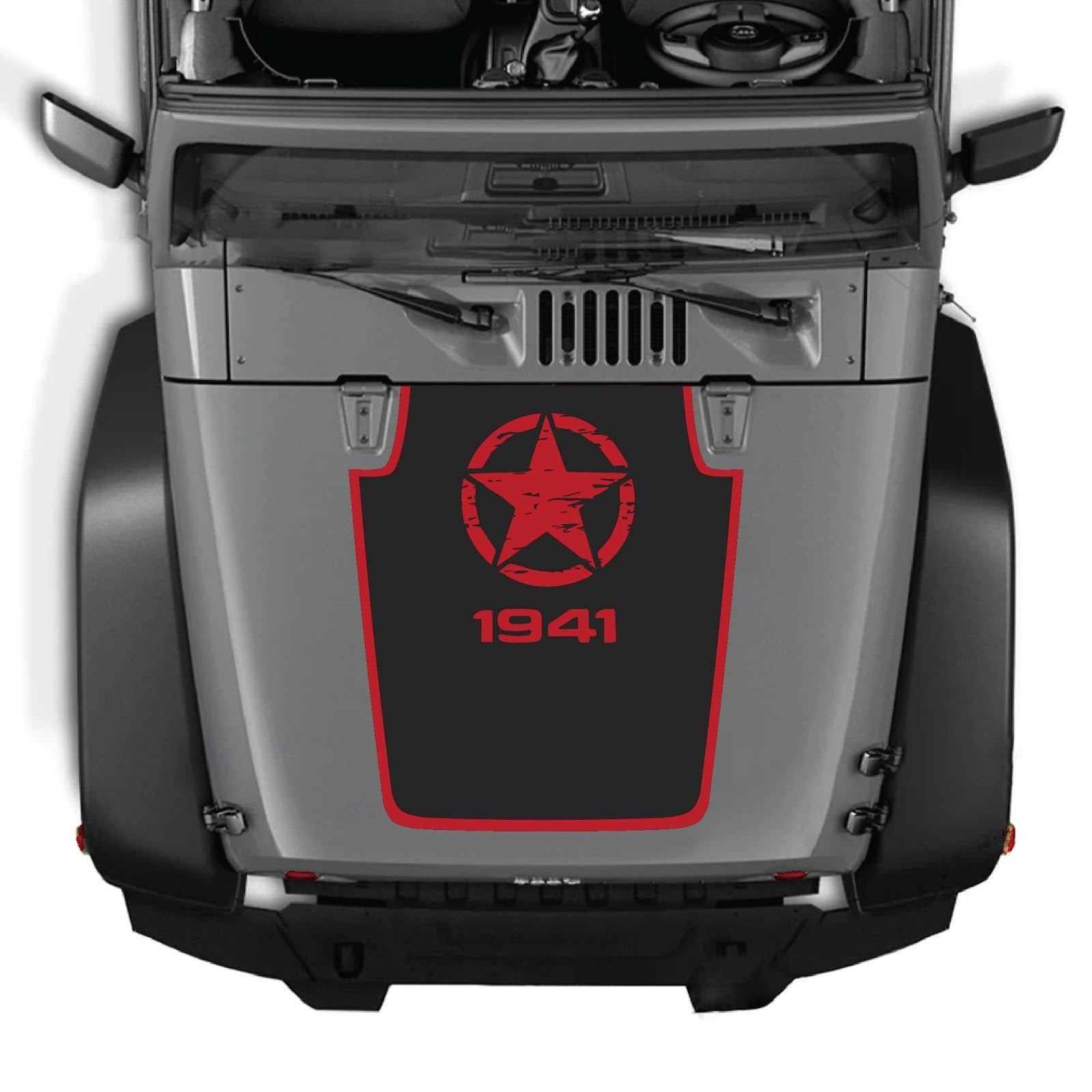 CarCode Jeep Wrangler JK/JKU hood decal in Style #47, black and gray graphic design on vehicle hood, 2007-2018 model.