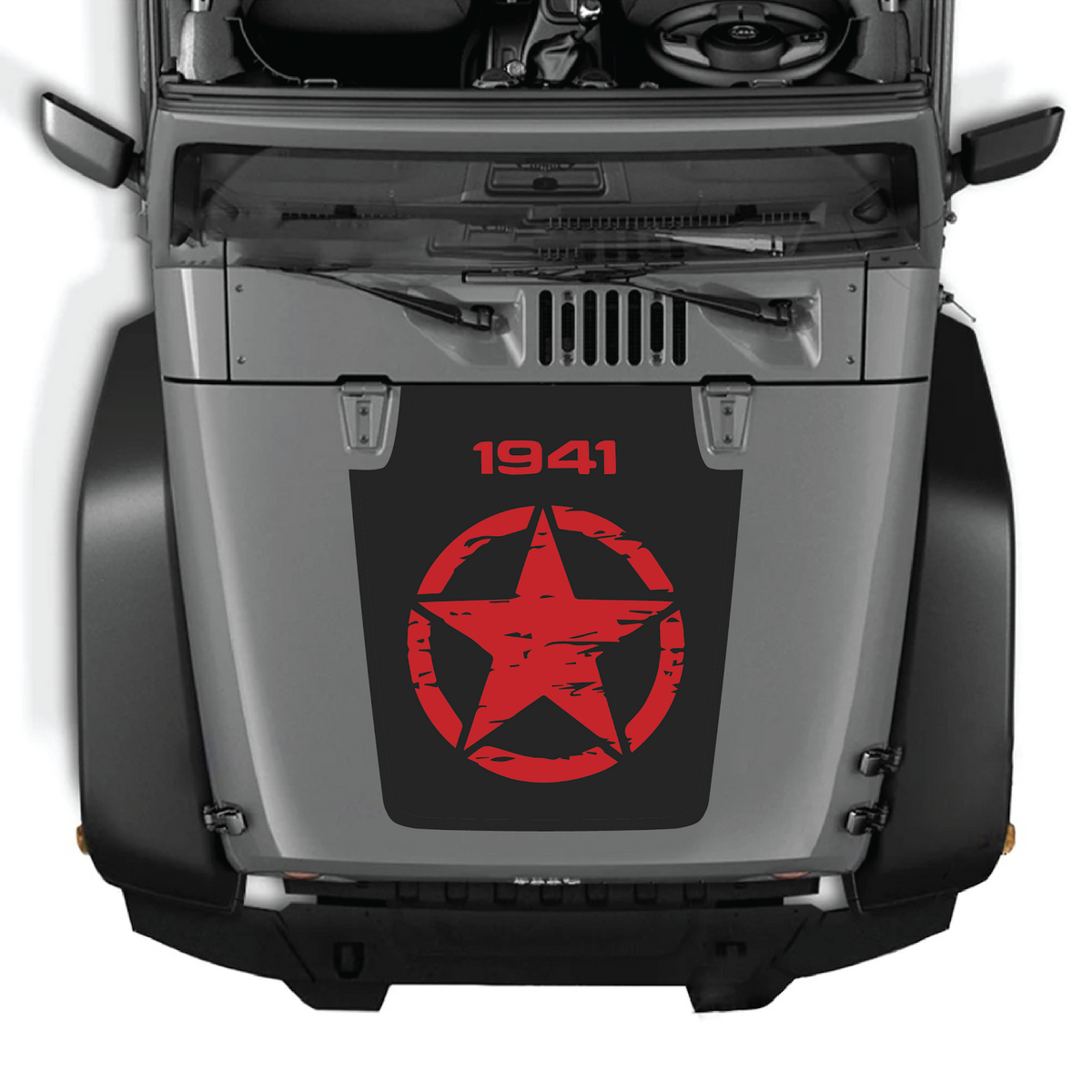 CarCode Jeep Wrangler JK/JKU hood decal, Style #26, black graphic design on vehicle hood for 2007-2018 models.