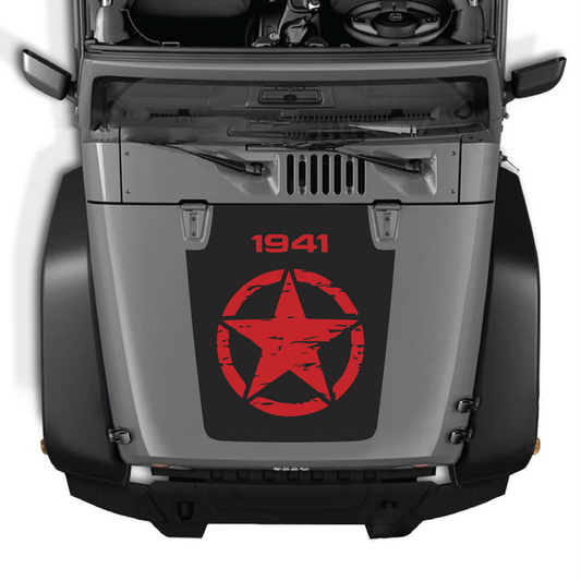 CarCode Jeep Wrangler JK/JKU hood decal, Style #26, black graphic design on vehicle hood for 2007-2018 models.