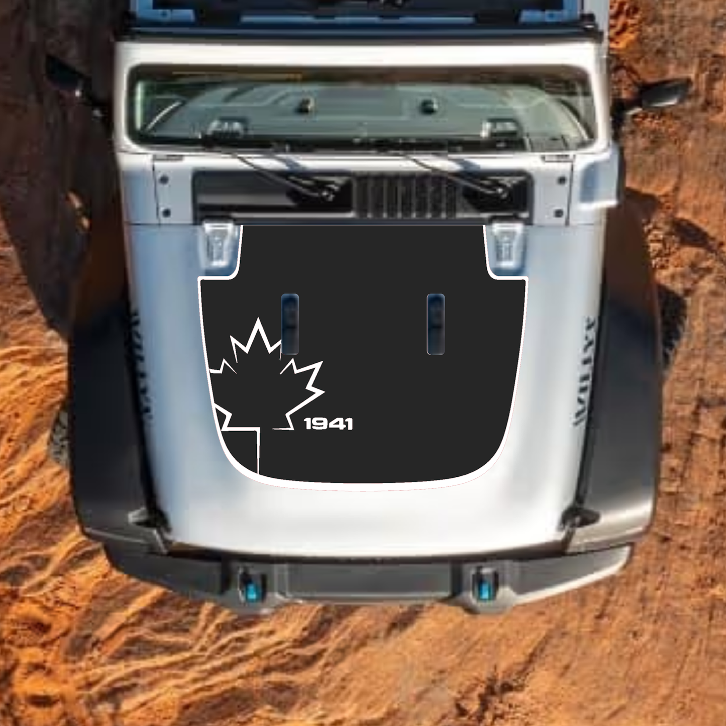 CarCode hood decal for Jeep Wrangler JL JLU and Gladiator JT, stylish standard hood decal in style #22 on black background