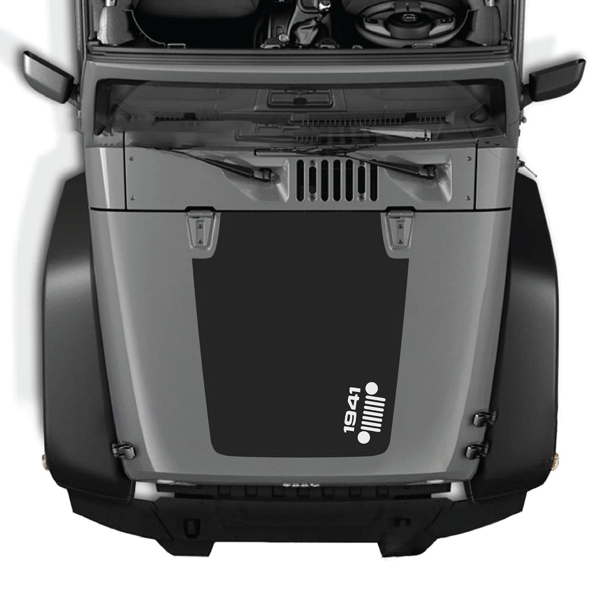 CarCode Jeep Wrangler JK/JKU hood decal style 60, black and white graphic design on hood for 2007-2018 models