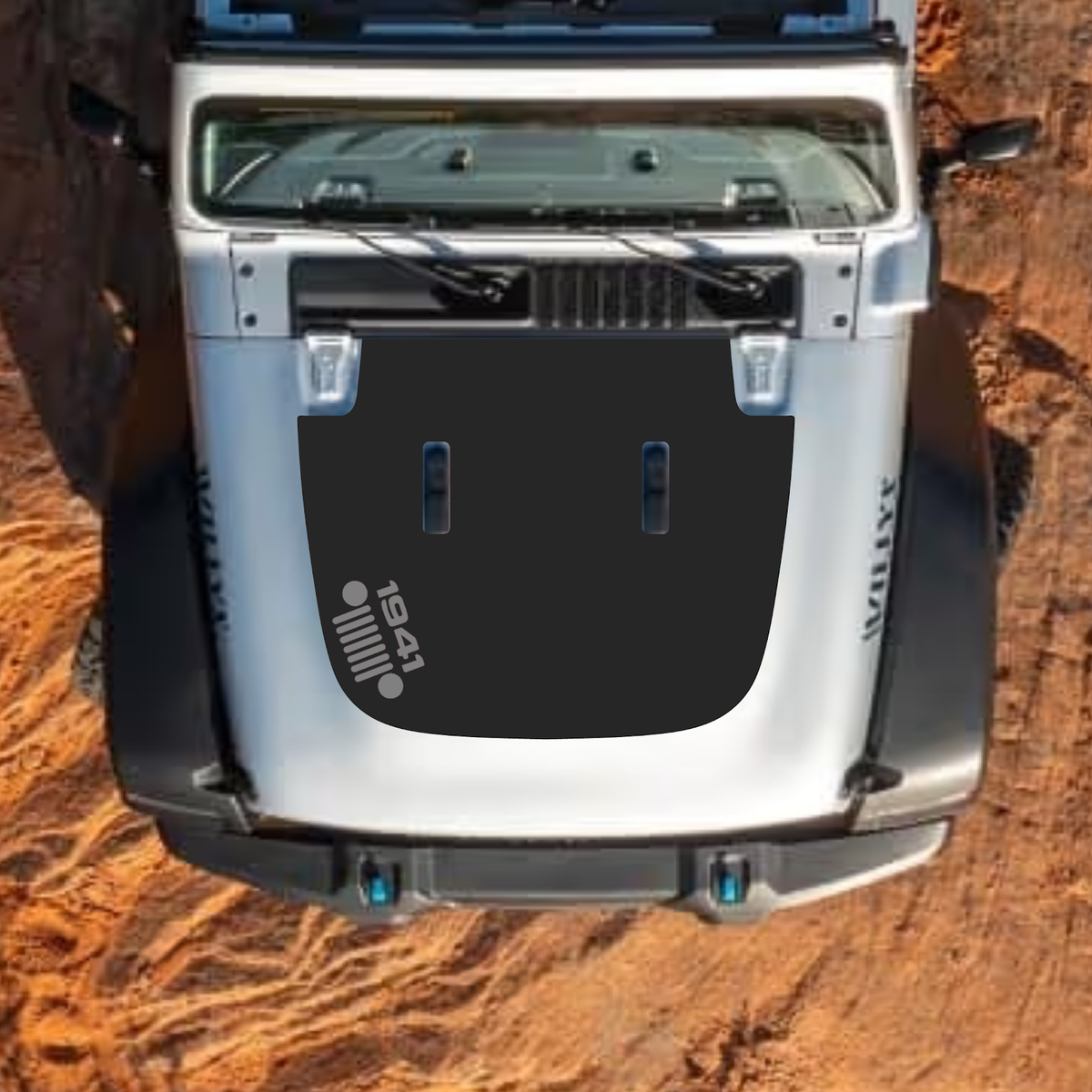 CarCode hood decal for Jeep Wrangler JL, JLU, Gladiator JT, standard hood, style #62, black graphic design on vehicle hood