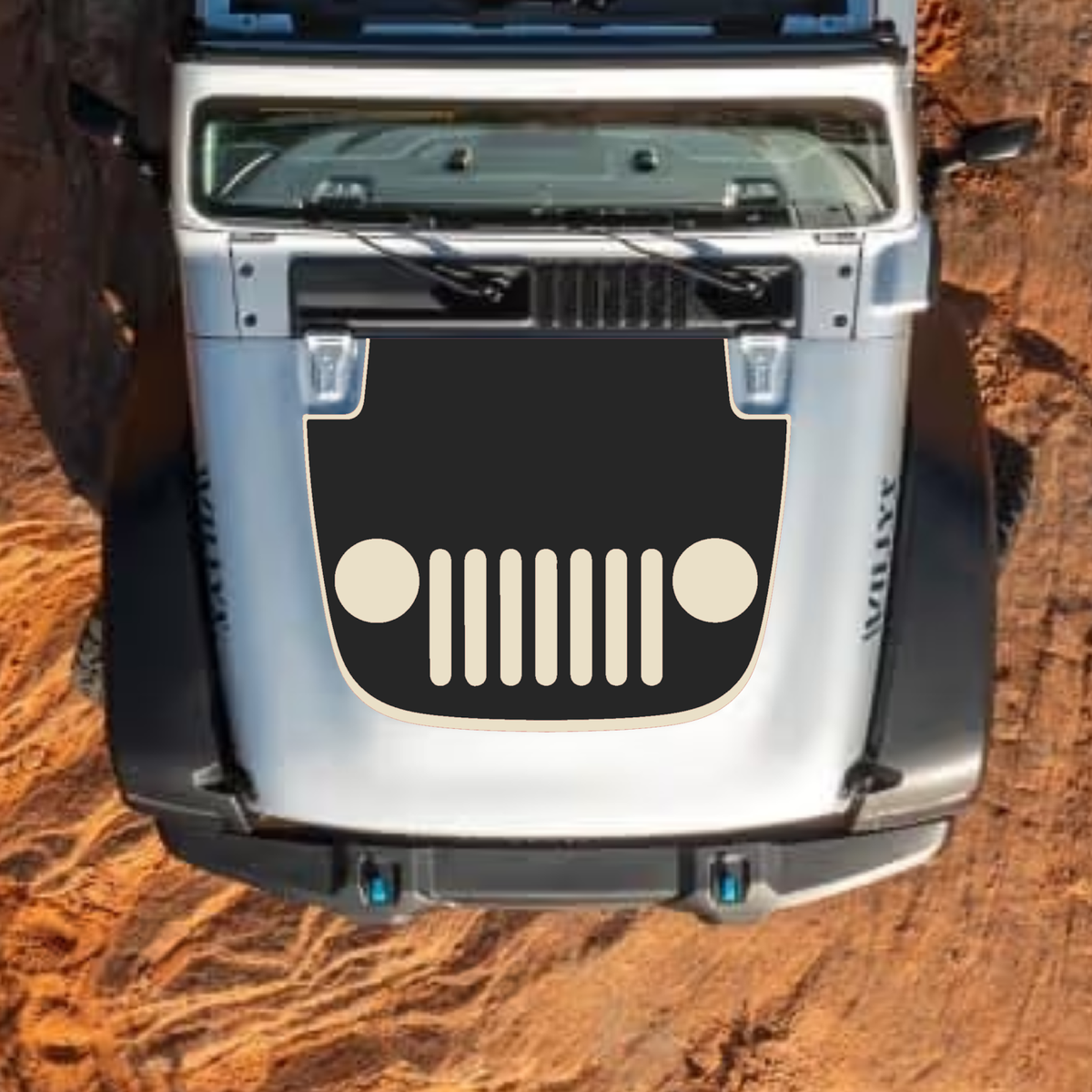 CarCode Jeep Wrangler JL and Gladiator JT hood decal in style #37, black and white graphic design on standard vehicle hood