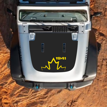 CarCode hood decal for Jeep Wrangler JL, JLU, Gladiator JT, standard hood, style #16, black graphic design on vehicle hood