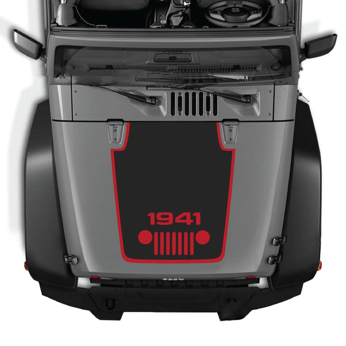 CarCode hood decal for Jeep Wrangler JK/JKU 2007-2018, style #56, black and silver graphic on hood exterior.