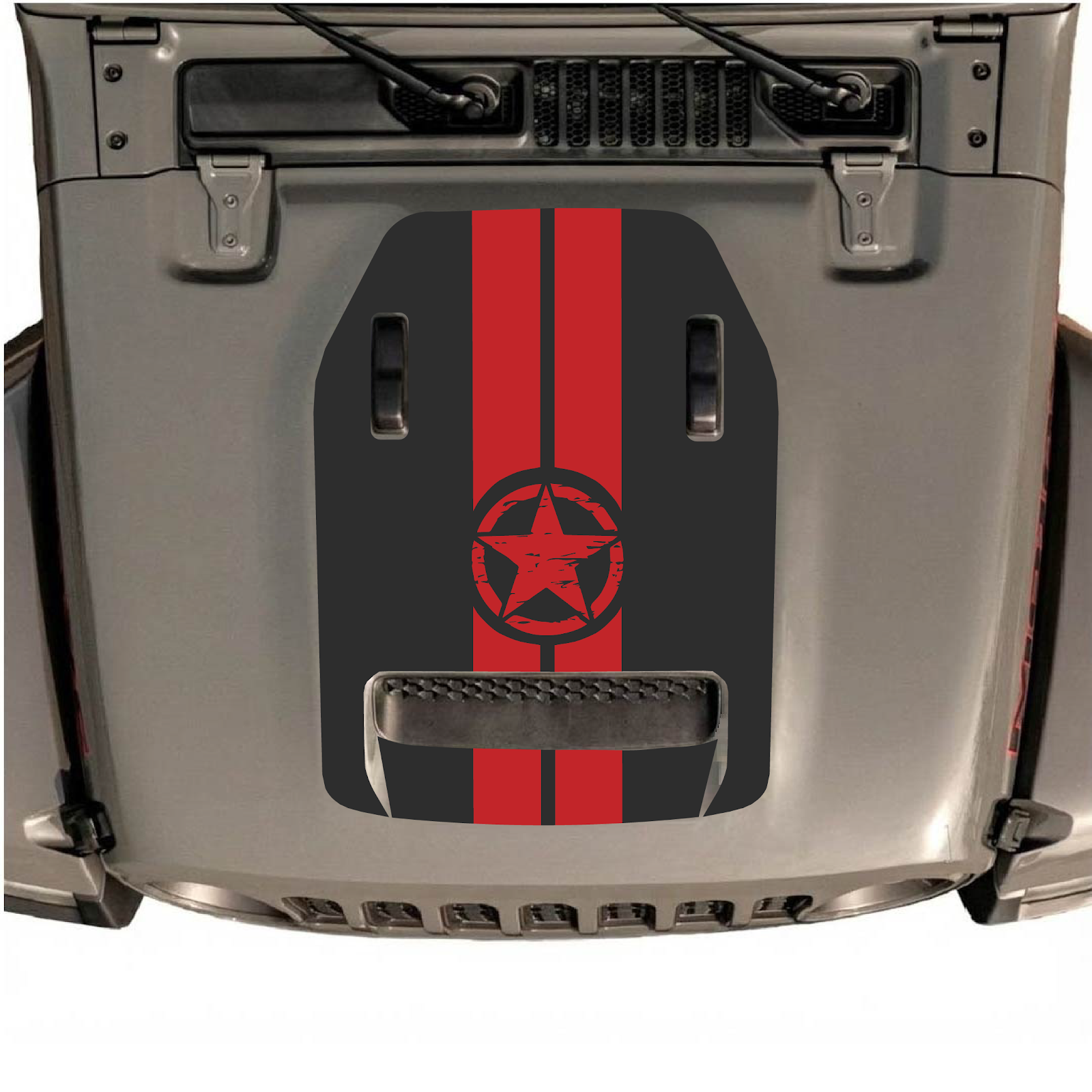 CarCode hood decal for Jeep Wrangler JL/JLU Rubicon 392 and JT Gladiator Mojave, style #10, black graphic on hood surface.