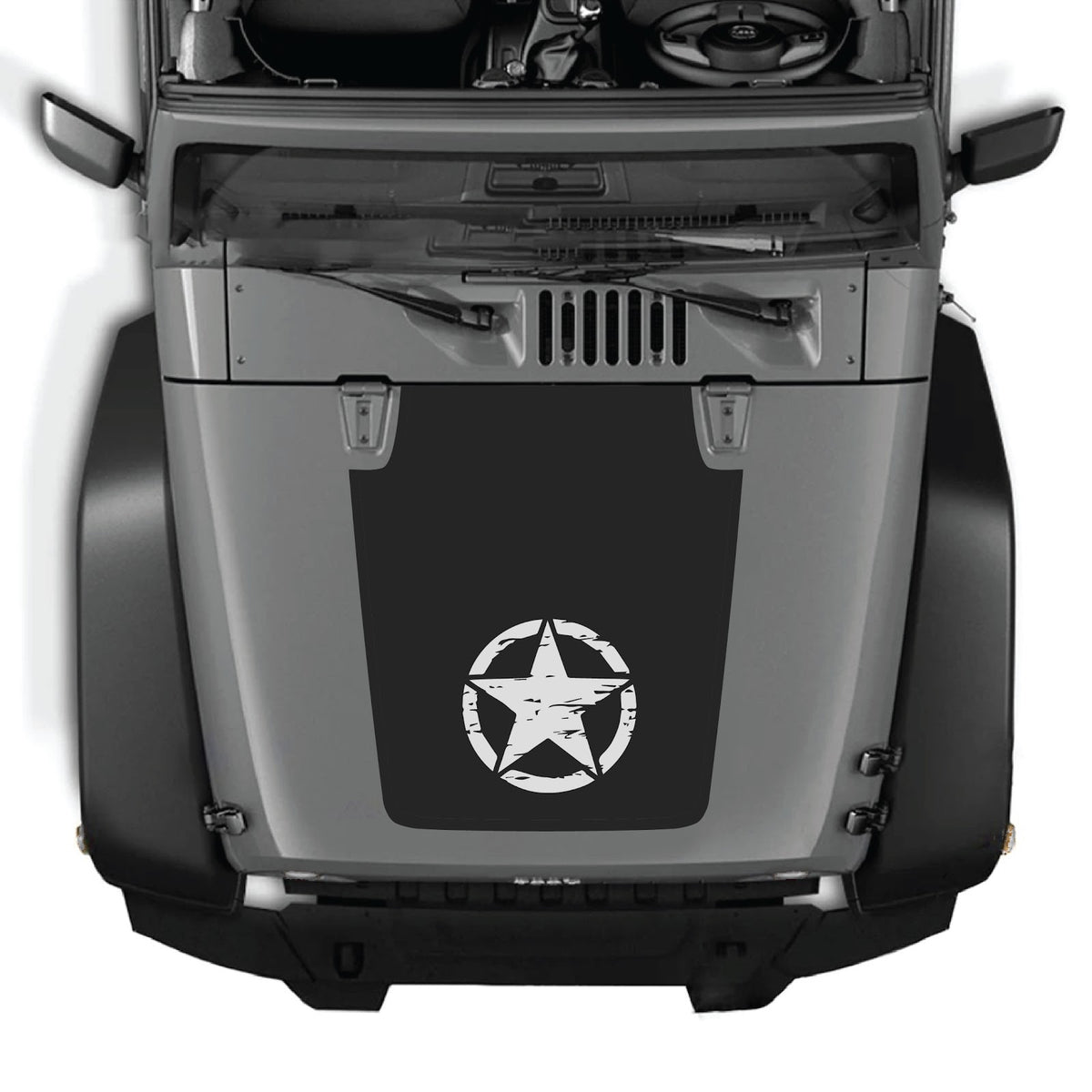 CarCode hood decal for Jeep Wrangler JK/JKU 2007-2018, style #13, black graphic design on hood surface.