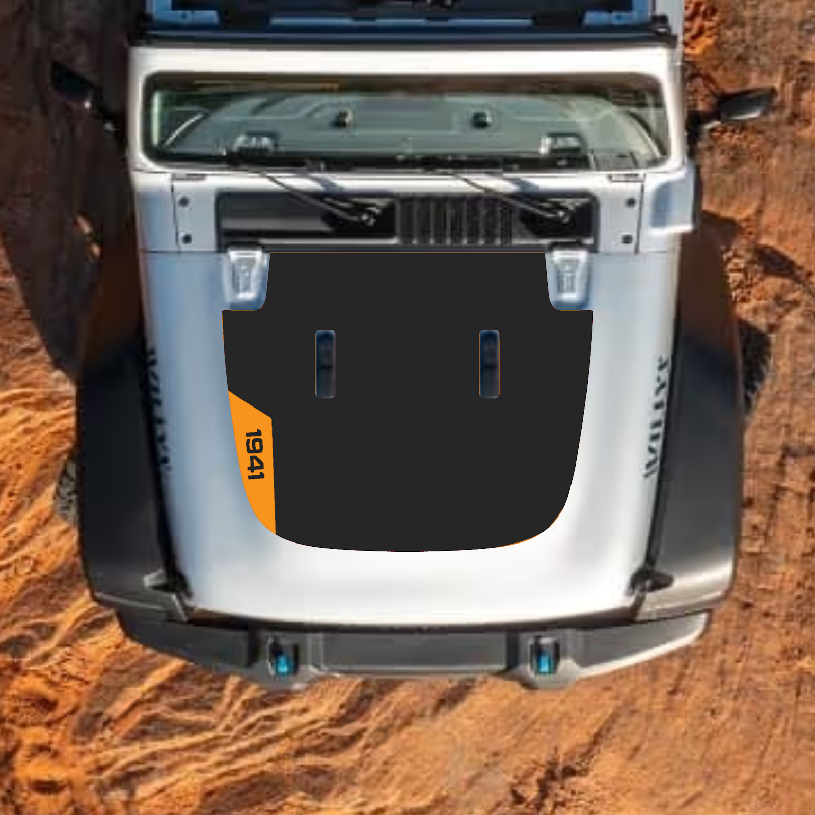 CarCode Jeep Wrangler JL and Gladiator JT hood decal in style #43, black and gray graphic design on standard hood.