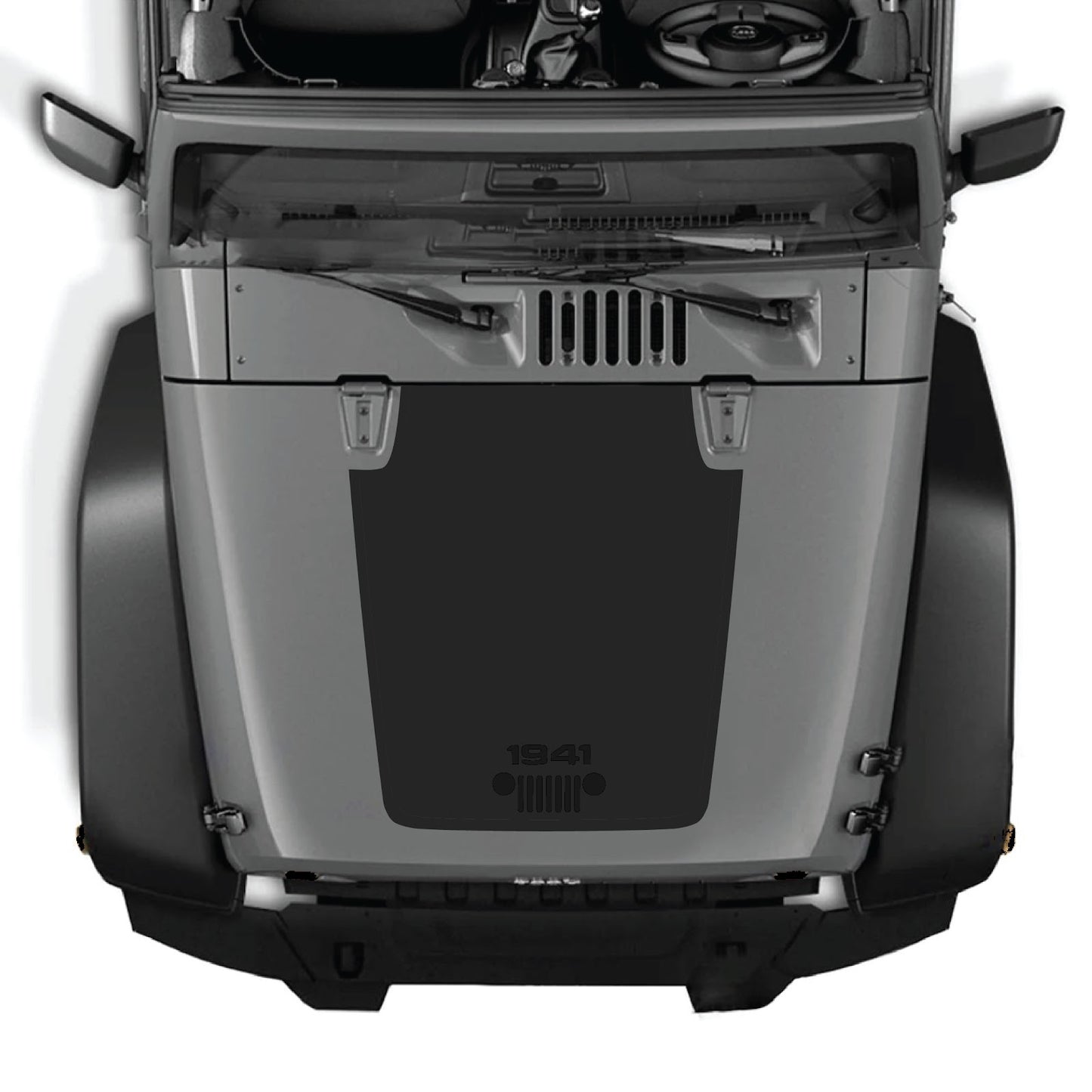 CarCode Jeep Wrangler JK/JKU hood decal, style #53, black graphic design on the vehicle's hood, fits 2007-2018 models.