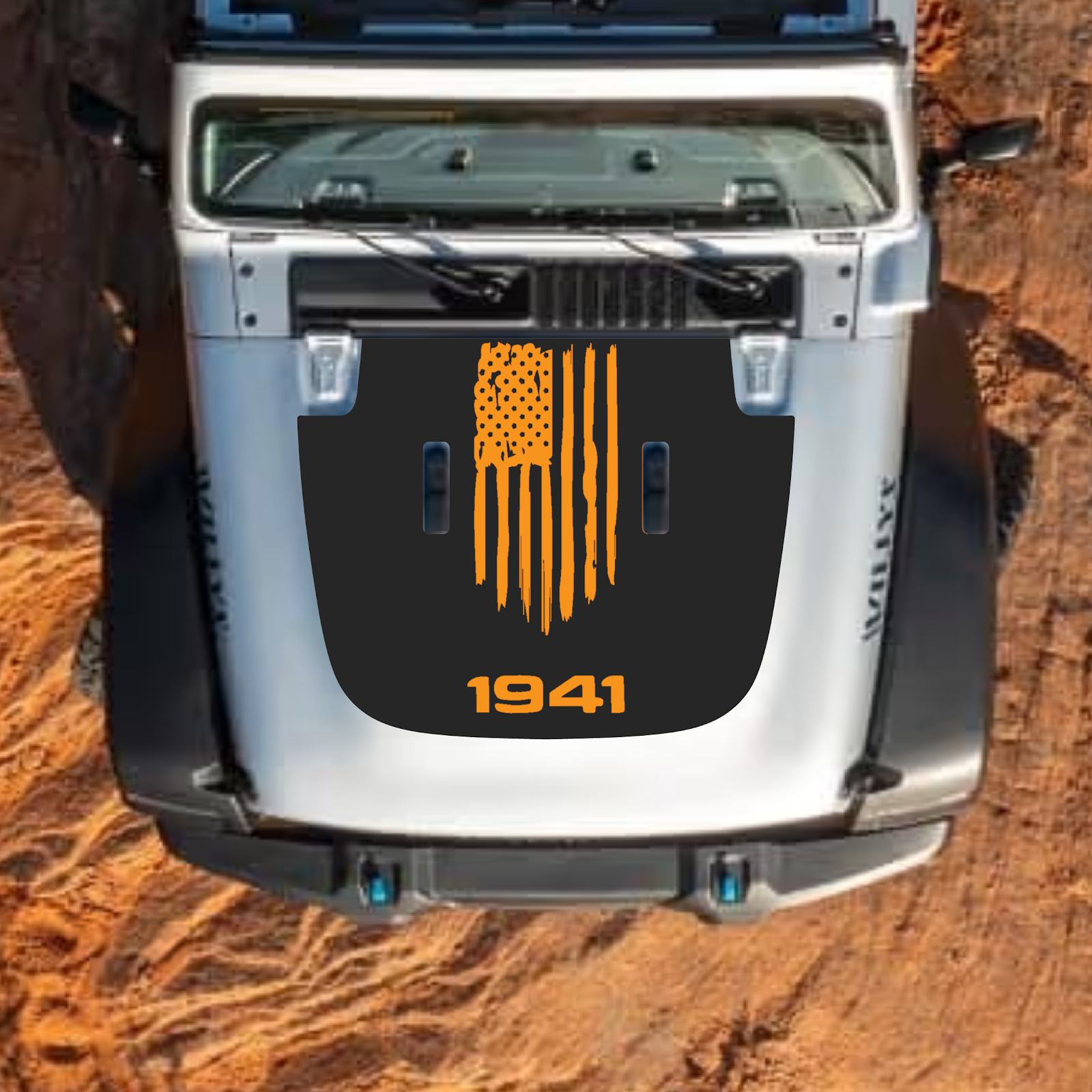 CarCode hood decal for Jeep Wrangler JL, JLU, Gladiator JT, standard hood, style #08, black and gray graphic design