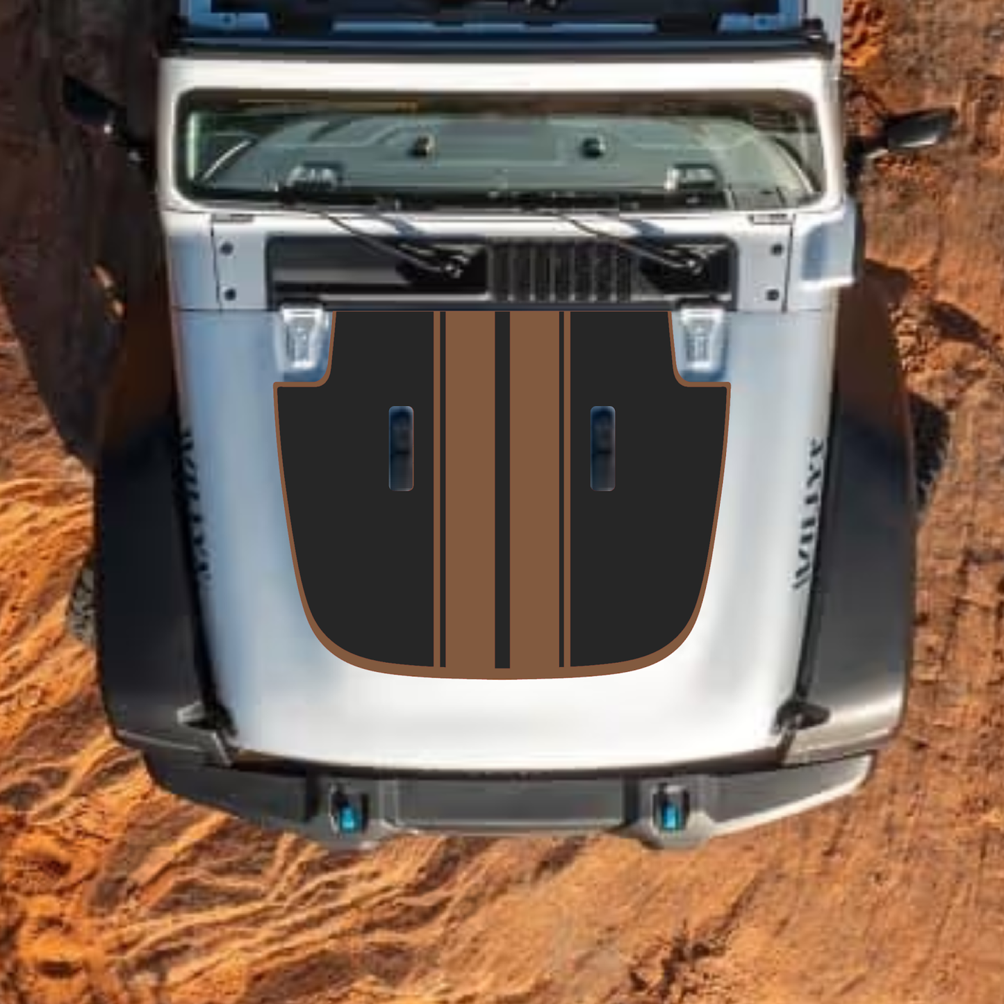 CarCode Jeep Wrangler JL and Gladiator JT hood decal in style #50, black graphic design on standard hood, 2018+ model.