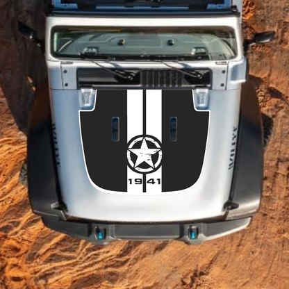 CarCode hood decal for Jeep Wrangler JL and Gladiator JT, stylish #67 design on standard hood, 2018+ models