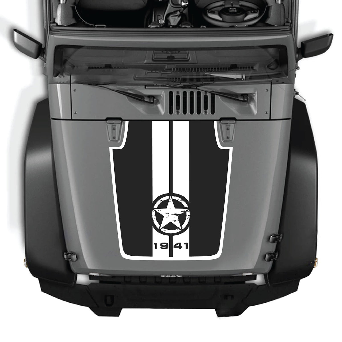 Jeep Wrangler JK/JKU hood decal by CarCode in style #63, black graphic design on vehicle hood for 2007-2018 models.