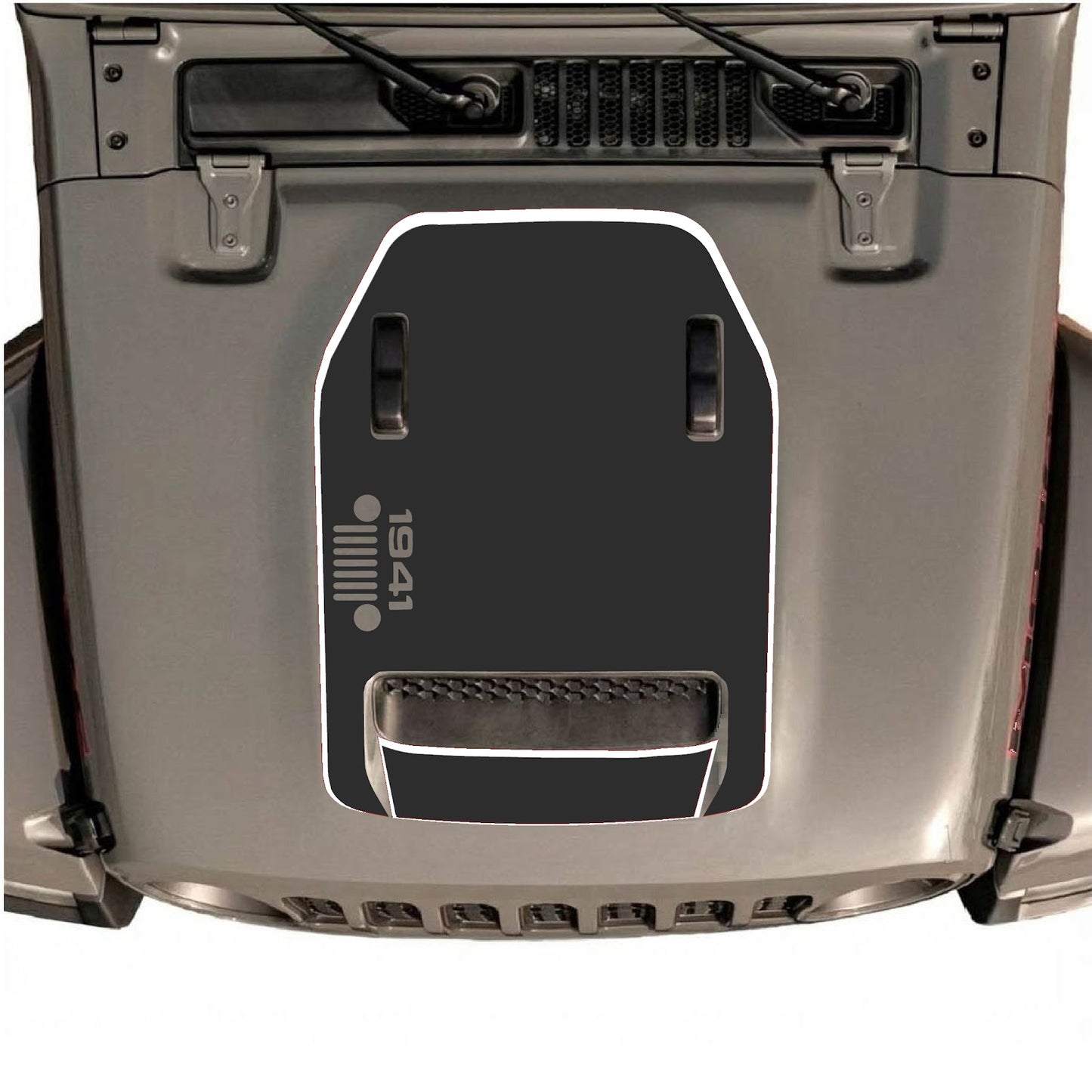 CarCode hood decal for Jeep Wrangler JL/JLU Rubicon 392 and JT Gladiator Mojave 2020-2026, style #94, black and silver design.