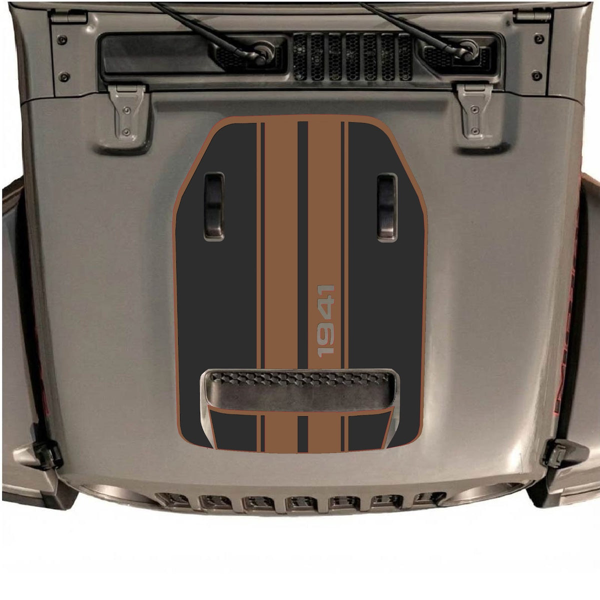 Jeep Wrangler JL Rubicon hood decal in style #71, black and gray graphic design, applied to vehicle hood for a custom look.