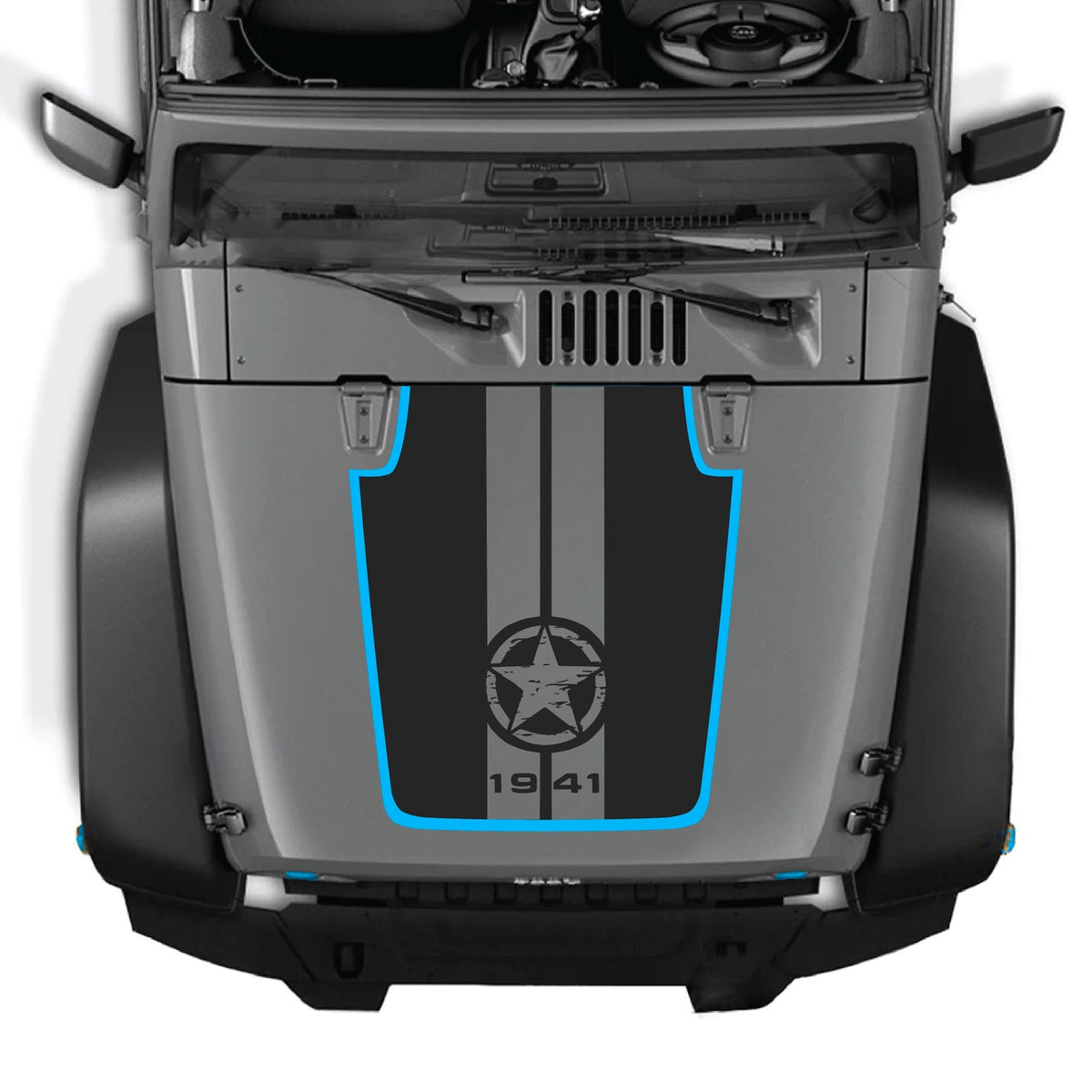 CarCode hood decal for Jeep Wrangler JK/JKU 2007-2018, style #92, black and white graphic design on vehicle hood.