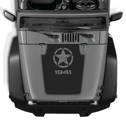 CarCode Jeep Wrangler JK/JKU hood decal Style #90, black and gray graphic sticker on hood of 2007-2018 Jeep Wrangler.