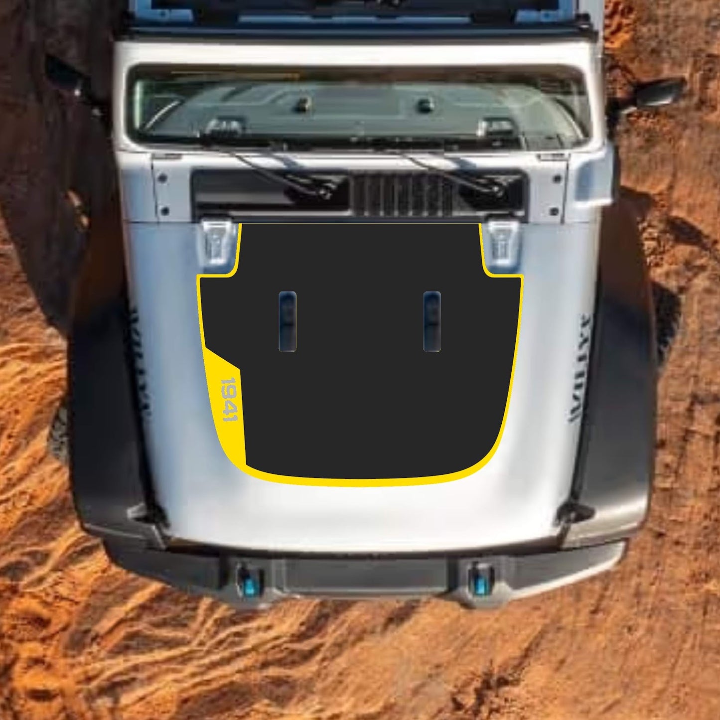 CarCode hood decal for Jeep Wrangler JL, JLU, Gladiator JT 2018+; stylish decal design on standard hood.