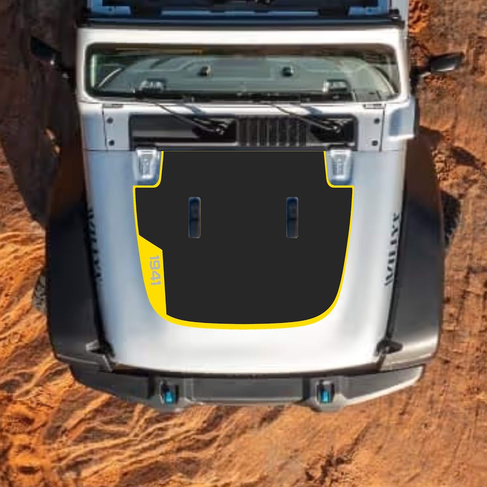 CarCode hood decal for Jeep Wrangler JL, JLU, Gladiator JT 2018+; stylish decal design on standard hood.