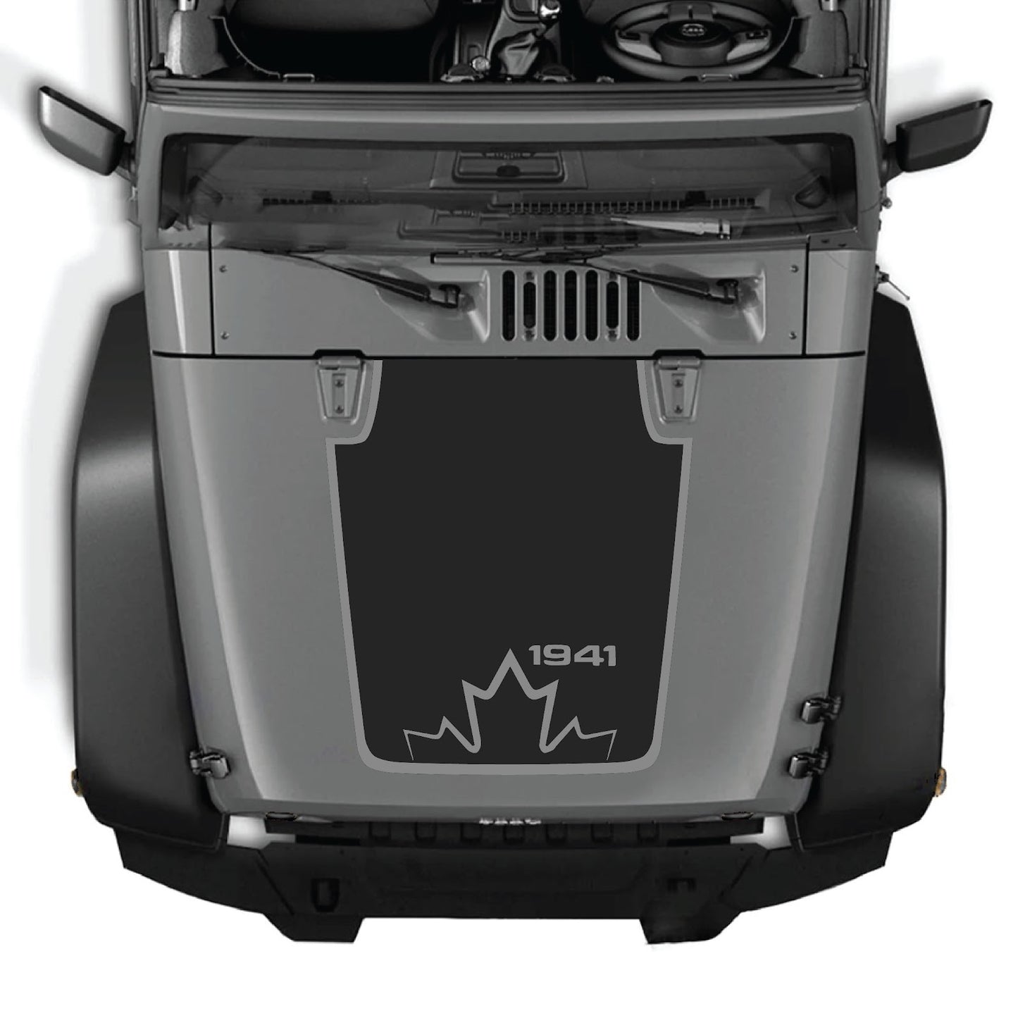 CarCode Jeep Wrangler JK/JKU hood decal Style #20, black graphic design on vehicle hood for 2007-2018 models