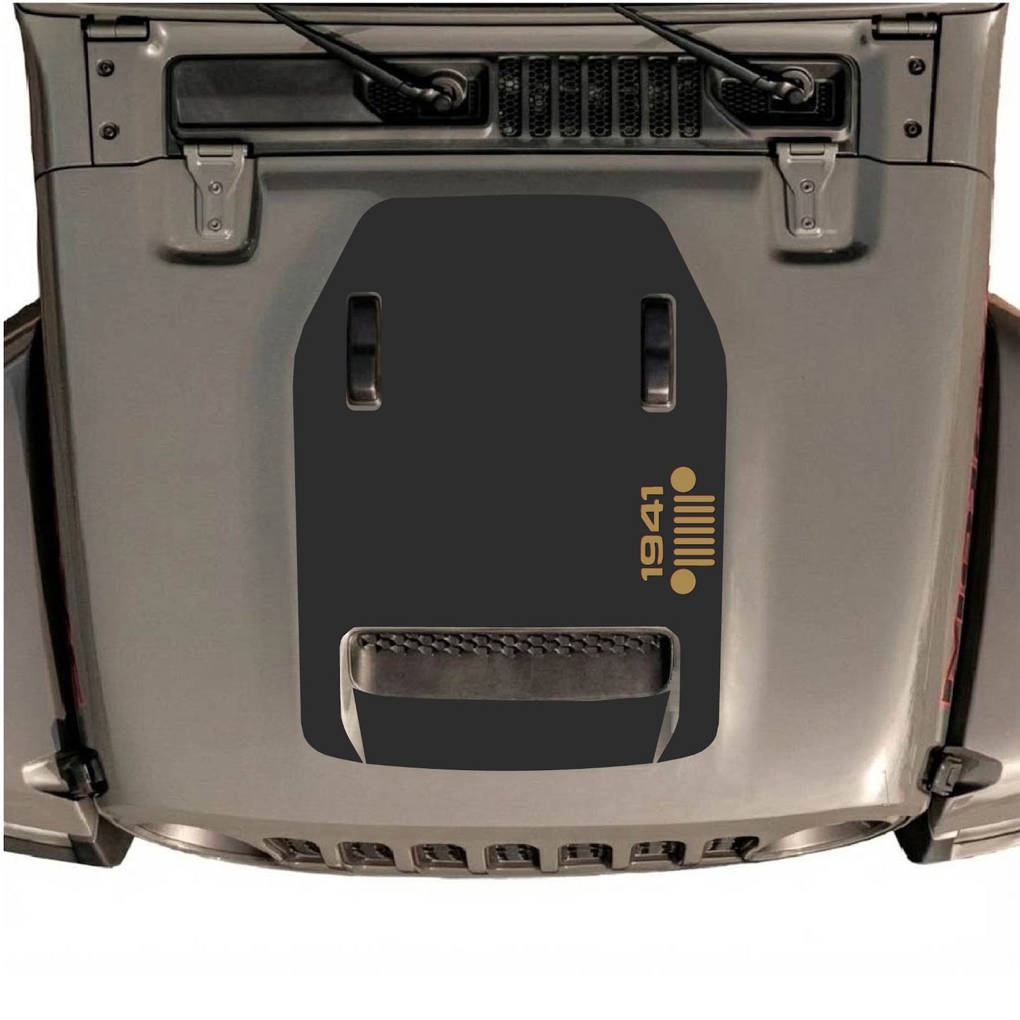 Jeep Wrangler JL/JLU Rubicon 392 and JT Gladiator Mojave hood decal by CarCode, style #56, shown on vehicle's hood.