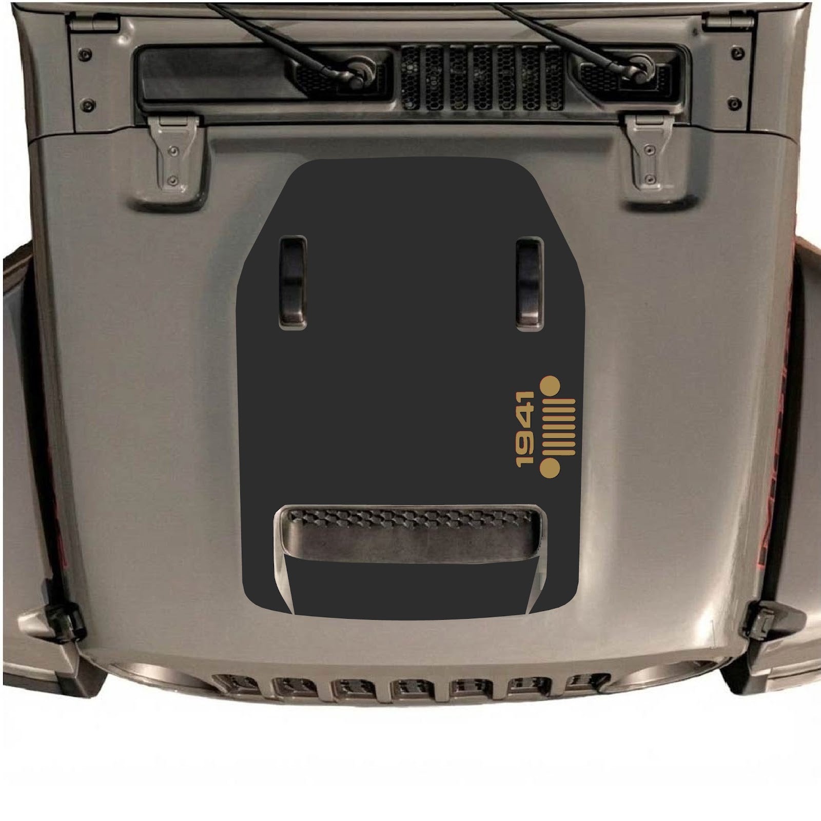 Jeep Wrangler JL/JLU Rubicon 392 and JT Gladiator Mojave hood decal by CarCode, style #56, shown on vehicle's hood.
