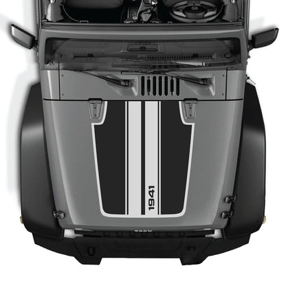 Jeep Wrangler JK/JKU hood decal by CarCode, style #02, featuring a sleek black graphic design on the vehicle's hood.