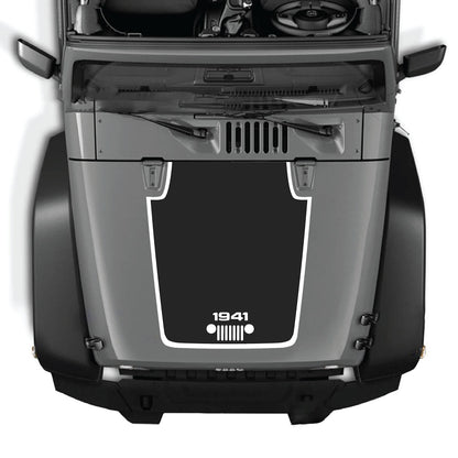 CarCode hood decal for Jeep Wrangler JK/JKU 2007-2018, style #54, shown applied on vehicle hood in the image.